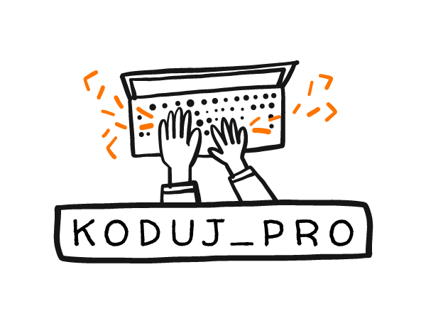 Rysunek laptopa. Dłonie na klawiaturze. Napis KODUJ PRO.