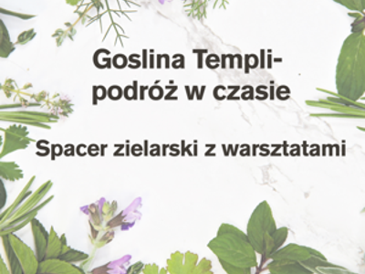grafika informacja o spacerze zielarskim, tło kwiaty i zioła