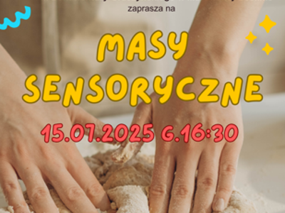 grafika informująca o warsztatach masy sensoryczne, w tle ręce ugniatające mąkę