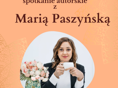 grafika informująca o spotkaniu autorskim, zdjęcie kobiety z filiżanką i obok wazon z kwiatami