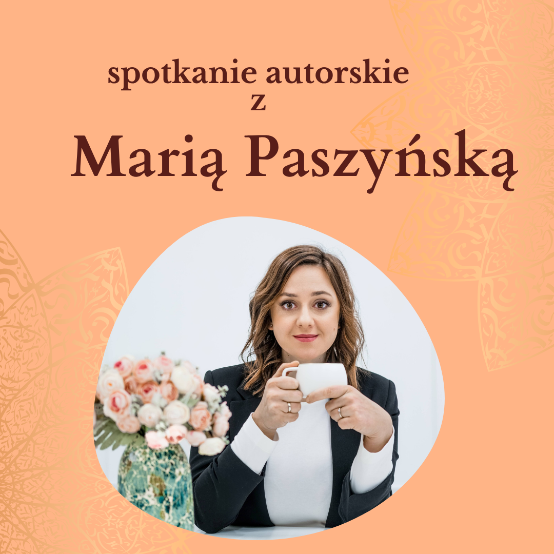 grafika informująca o spotkaniu autorskim, zdjęcie kobiety z filiżanką i obok wazon z kwiatami 