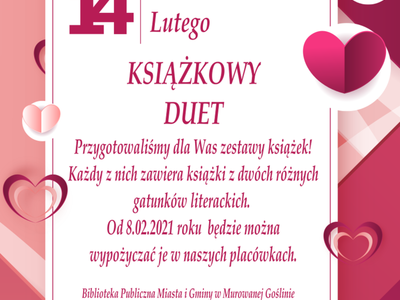 Plakat z różowym napisem 14 lutego książkowy duet na białym tle.