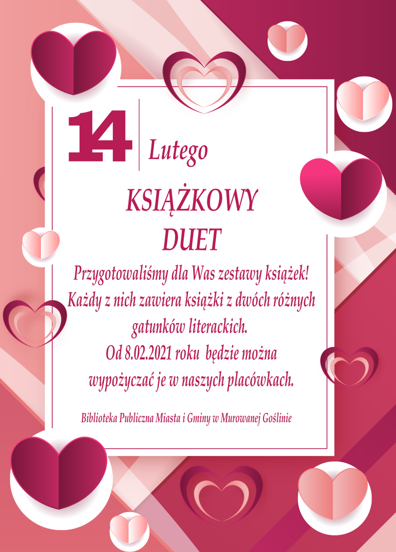 Plakat z różowym napisem 14 lutego książkowy duet na białym tle. 