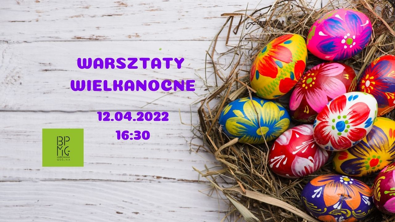 po prawej stronie znajduje się koszyk z kolorowymi pisakami. Na środku fioletowy napis warsztaty wielkanocne