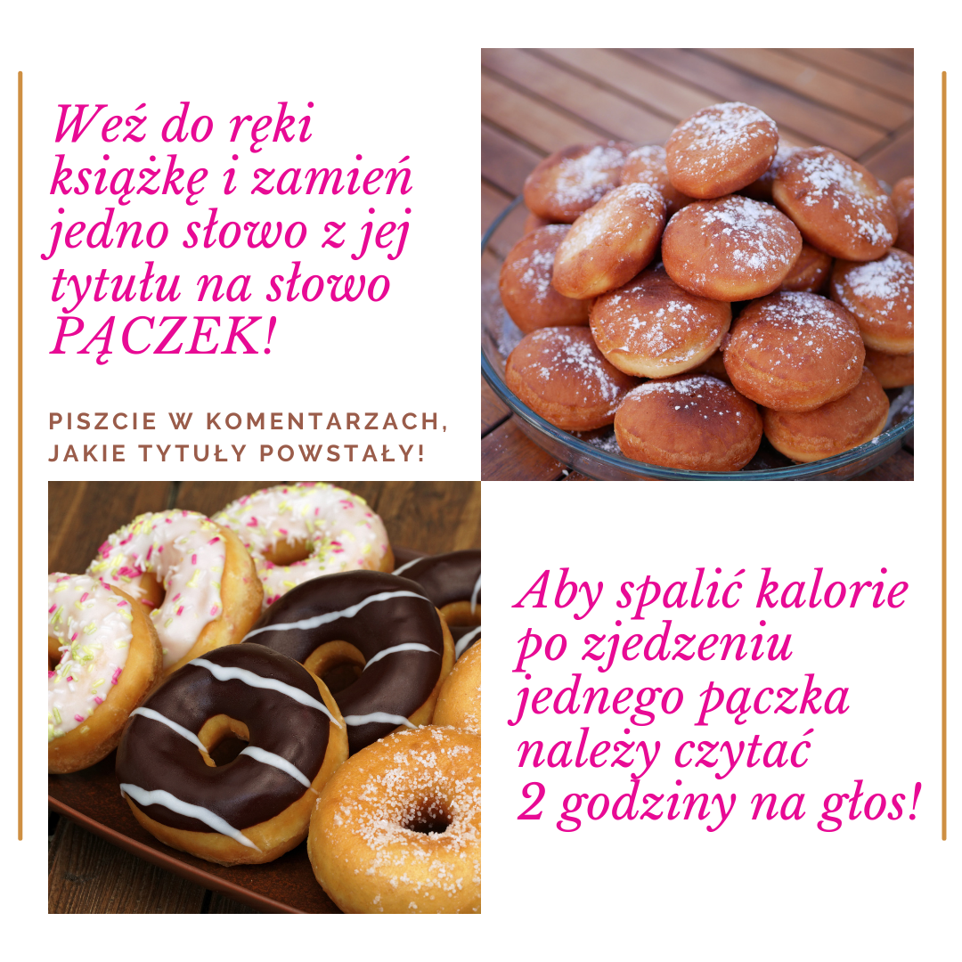 Grafika przedstawiająca pączki z posypką i w czekoladzie. Na grafice różowe napisy