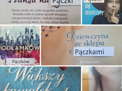 Kolaż złożony z 6 książek. W tytule każde książki jedno słowo zastąpione słowem pączek. Np. Szansa na pączka