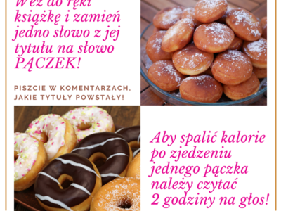 Grafika przedstawiająca pączki z posypką i w czekoladzie. Na grafice różowe napisy