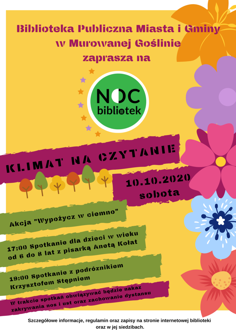 Plakat informacyjny o nocy bibliotek, która odbędzie się 10.101.2020