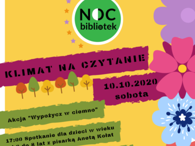 Plakat informacyjny o nocy bibliotek, która odbędzie się 10.101.2020