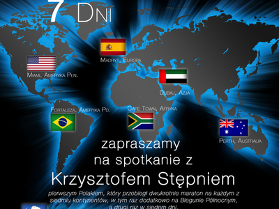 Plakat informacyjny o spotkaniu z Panem Krzysztofem Stępniem, który w siedem dni przebiegł siedem maratonów w siedem dni