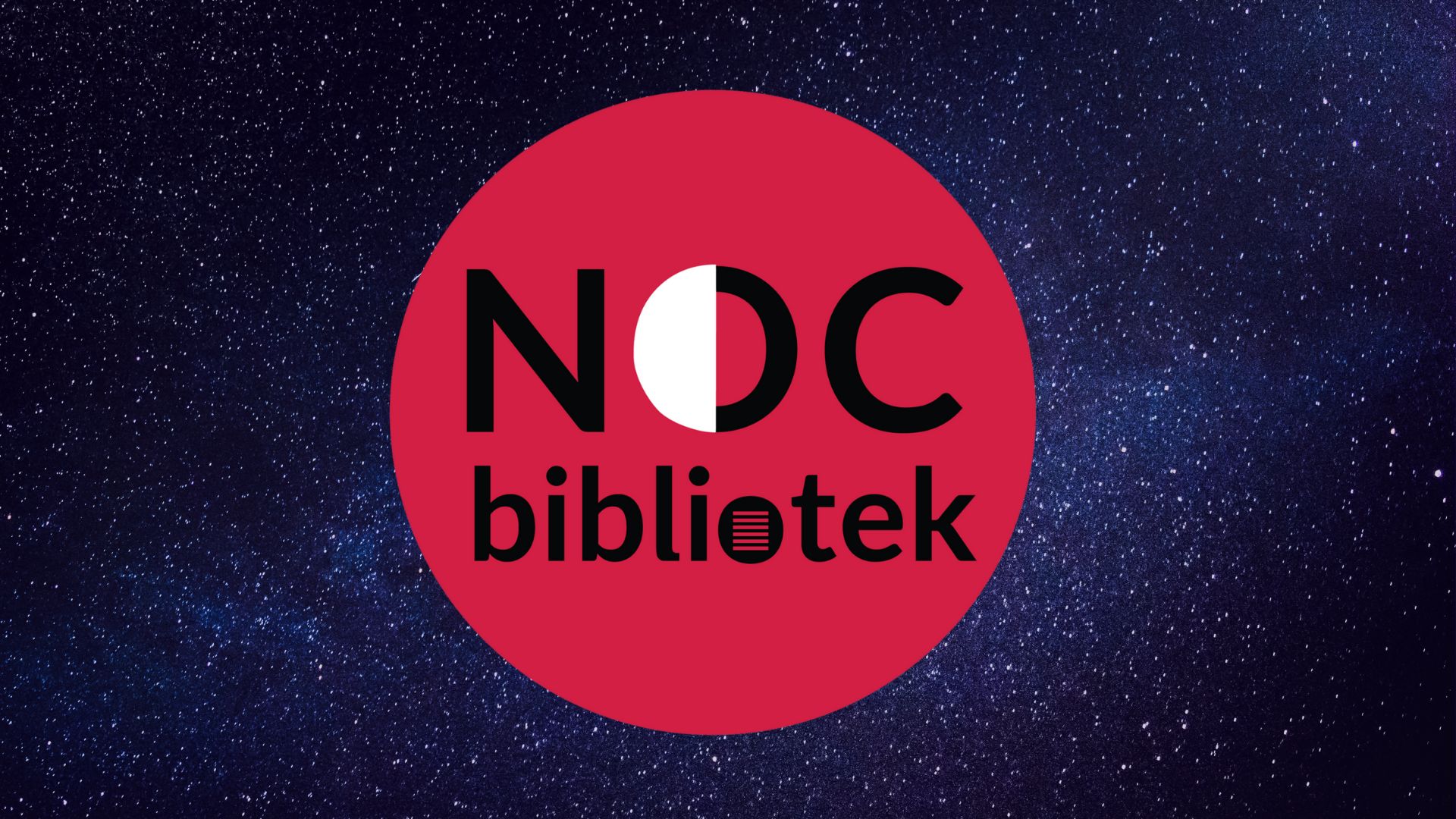  na czerwonym tle w formie koła napis noc bibliotek. Całość umieszczona na tle gwieździstego nieba