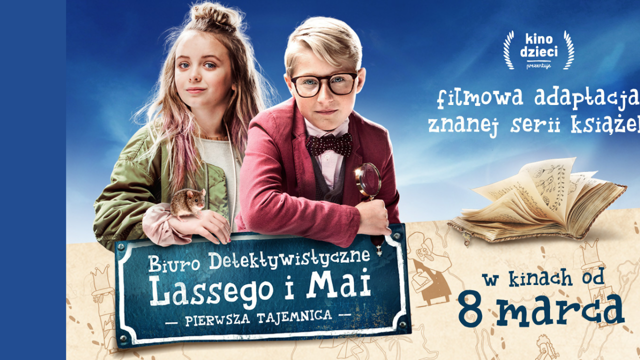 plakat. Chłopka i dziewczyna stojący obok siebie opierający się o napis Biuro detektywistyczne lassego i mai