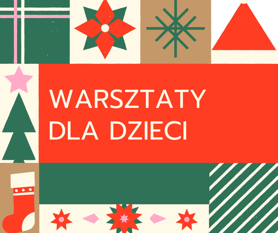 Na czerwonym tle napis warsztaty dla dzieci