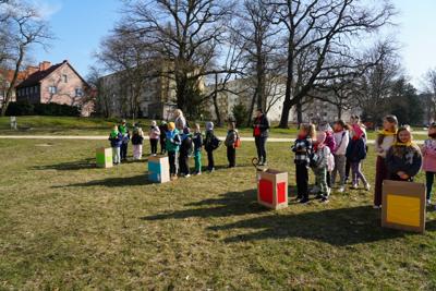 Dzieci w parku. Przed każdą grupą karton.