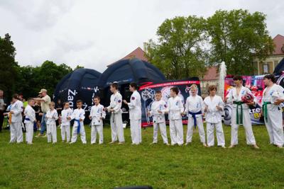 Grupa dzieci w strojach do karate.