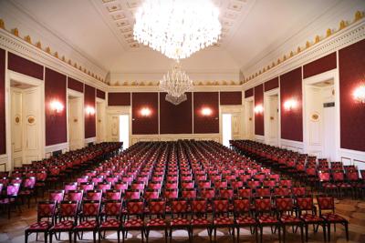 Sala, w centrum ustawione są krzesła. Nad nimi ogromny żyrandol i zdobiony sufit. Na ścianach znajduje się boazeria, wzorzysta tapeta, oraz sztukateria.