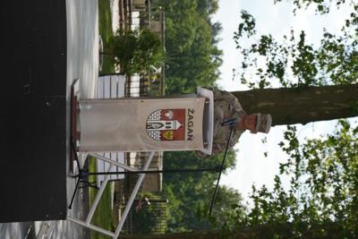 Żołnierz stoi przy mównicy znajdującej się na scenie. Za nim drzewa.