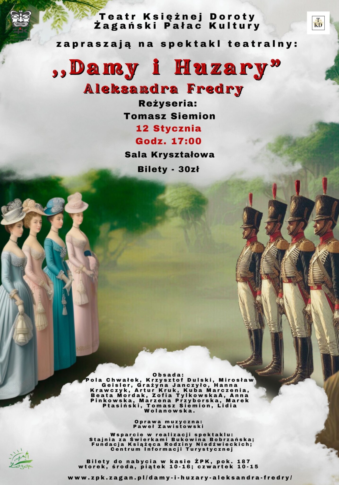 Plakat zapraszający na spektakl teatralny: "Damy i huzary".