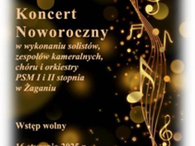 Plakat zapraszający na Koncert Noworoczny Publicznej Szkoły Muzycznej I i II stopnia.