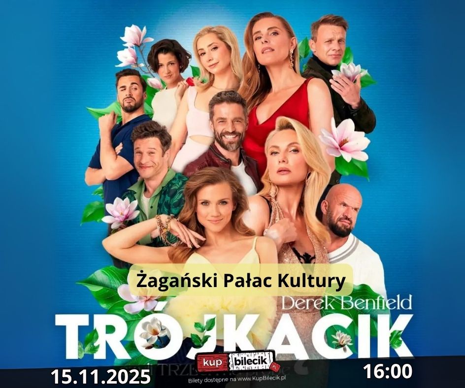 Plakat promujący komedię: „Trójkącik, czyli trzech na próbę” – niegrzeczna gra zmysłów.