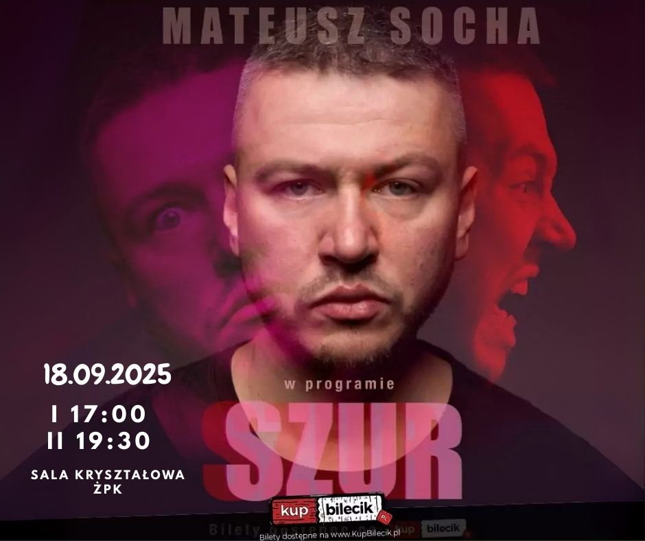Plakat zapraszający na stand-up "Szur" Mateusza Sochy.