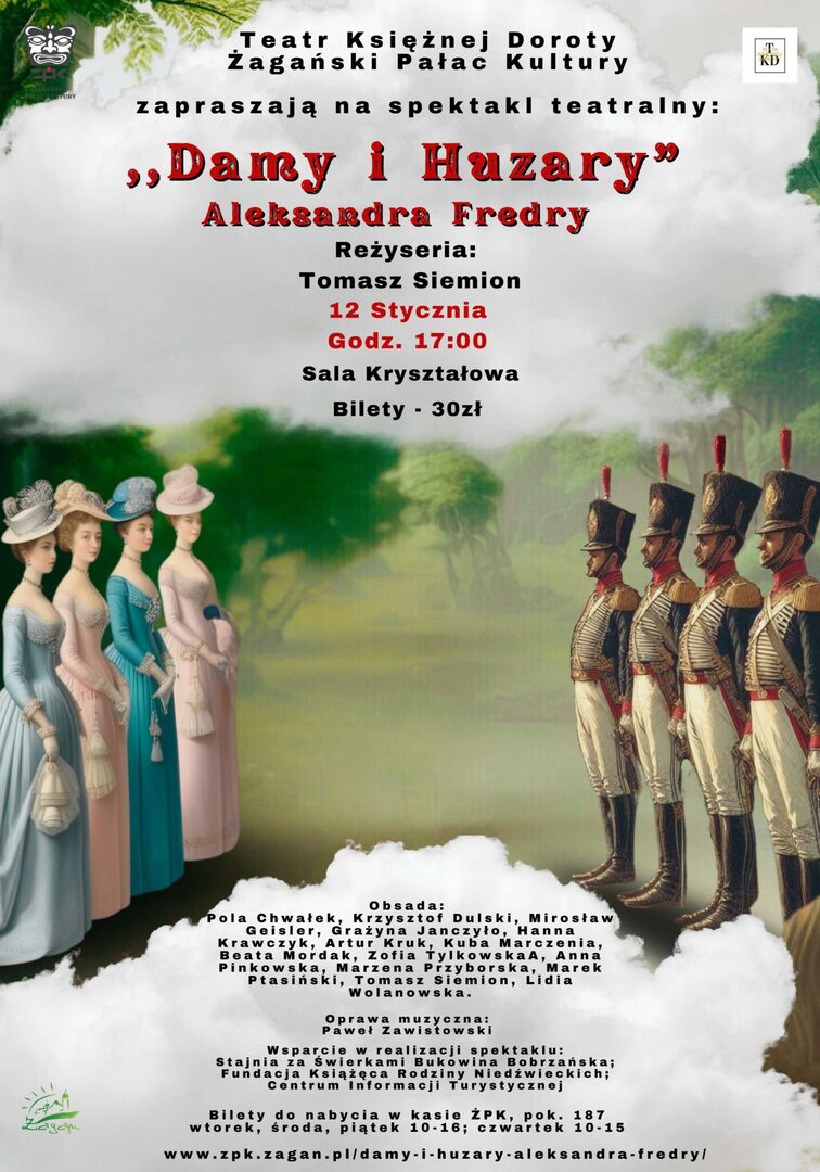 Plakat zapraszający na spektakl teatralny: "Damy i huzary".