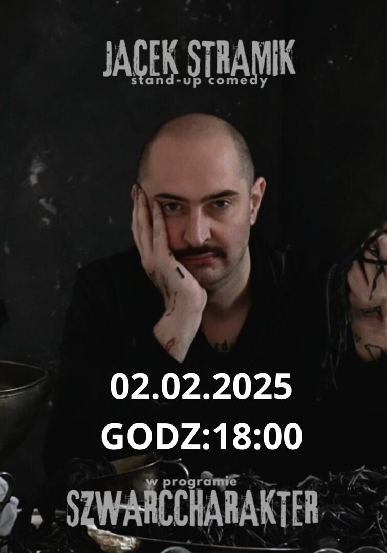 Plakat zapraszający na stand-up Jacka Stramika.