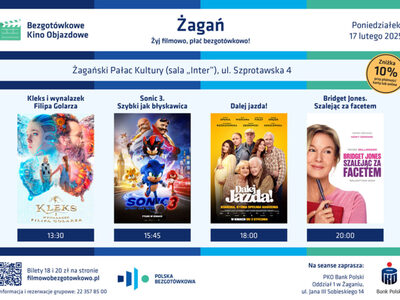 Plakat zapraszający na seanse filmowe w bezgotówkowym kinie objazdowym.