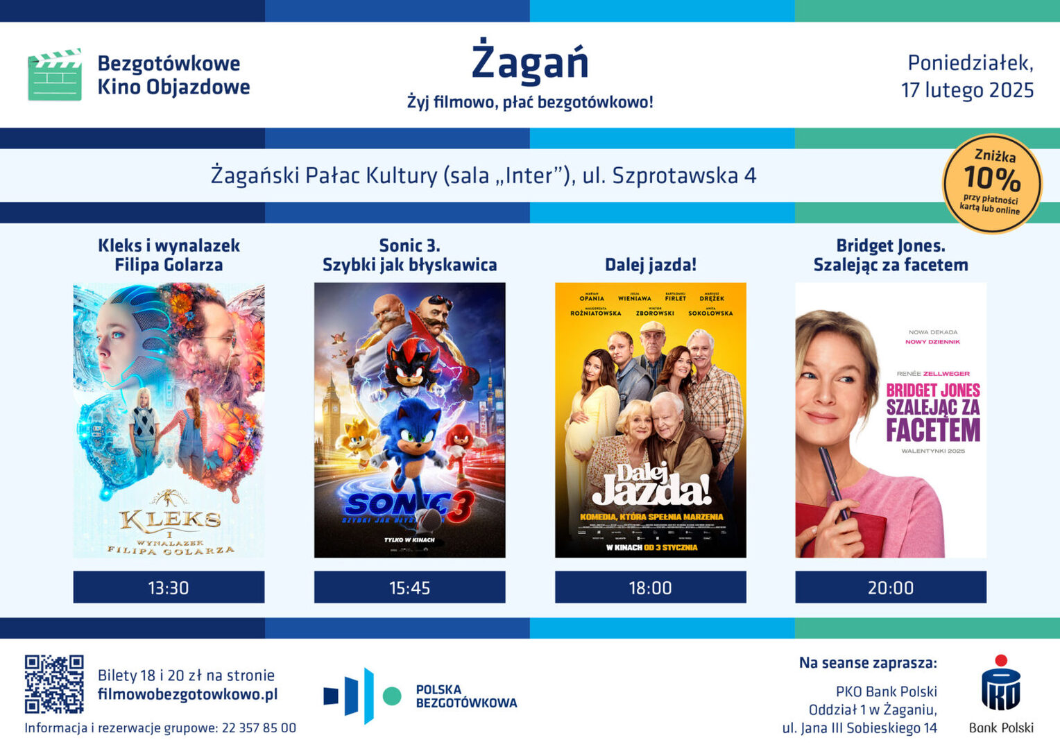 Plakat zapraszający na seanse filmowe w bezgotówkowym kinie objazdowym.