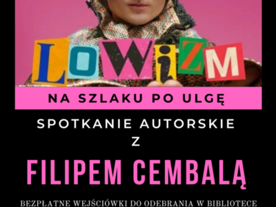 Plakat zapraszający na spotkanie autorskie z Filipem Cembalą.