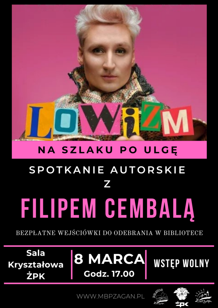 Plakat zapraszający na spotkanie autorskie z Filipem Cembalą.