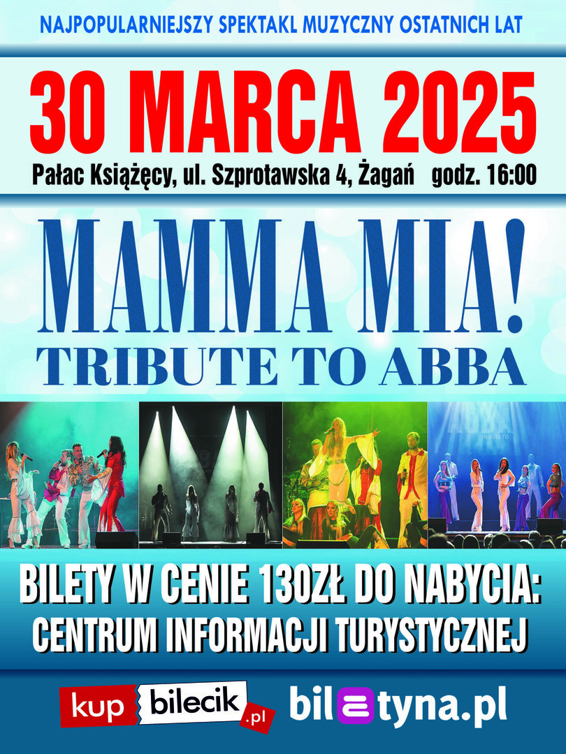 Plakat promujący spektakl muzyczny "Mamma Mia! Tribute to Abba".