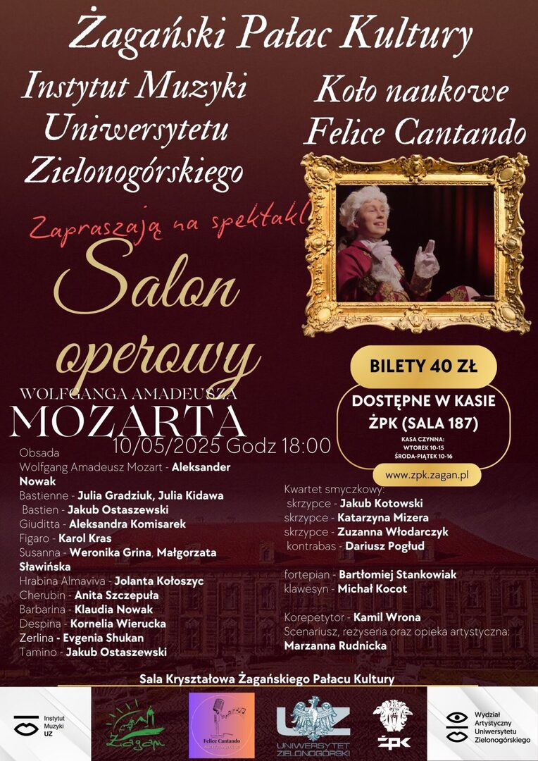Plakat informujący o spektaklu muzycznym : "Salon operowy Wolfganga Amadeusza Mozarta".