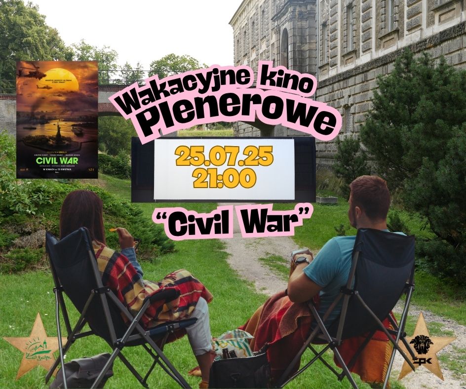Plakat promujący seans filmu "Civil War" w Wakacyjnym Kinie Plenerowym.
