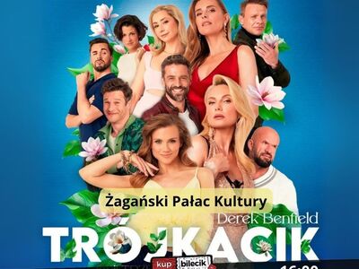 Plakat promujący komedię: „Trójkącik, czyli trzech na próbę” – niegrzeczna gra zmysłów.
