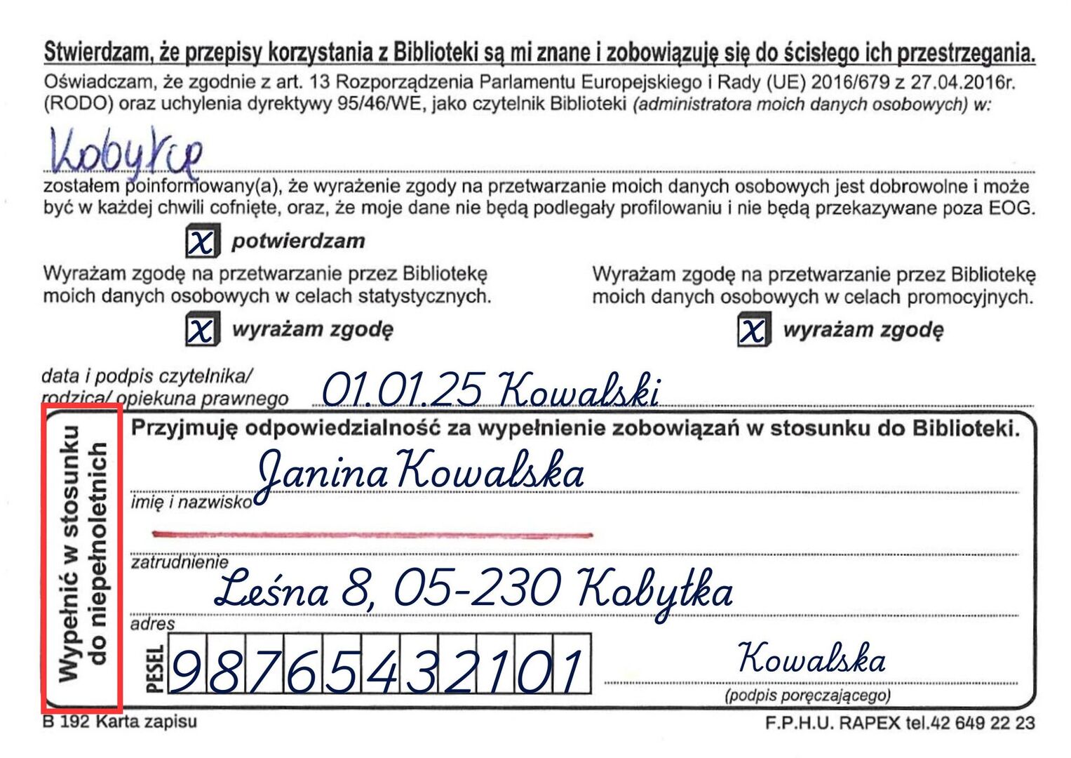karta zapisu z tyłu