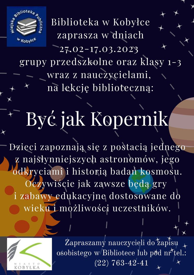 Plakat informujący o lekcji bibliotecznej
