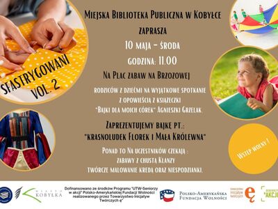 Plakat zapraszający na animacje podwórkowe na placu zabaw na Brzozowej. Spotkanie zaczynamy o 11:00