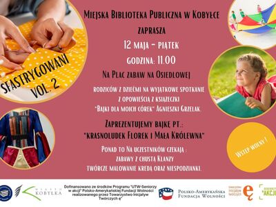 Plakat zapraszający na animacje podwórkowe na placu zabaw na Osiedlowej. Spotkanie zaczynamy o 11:00