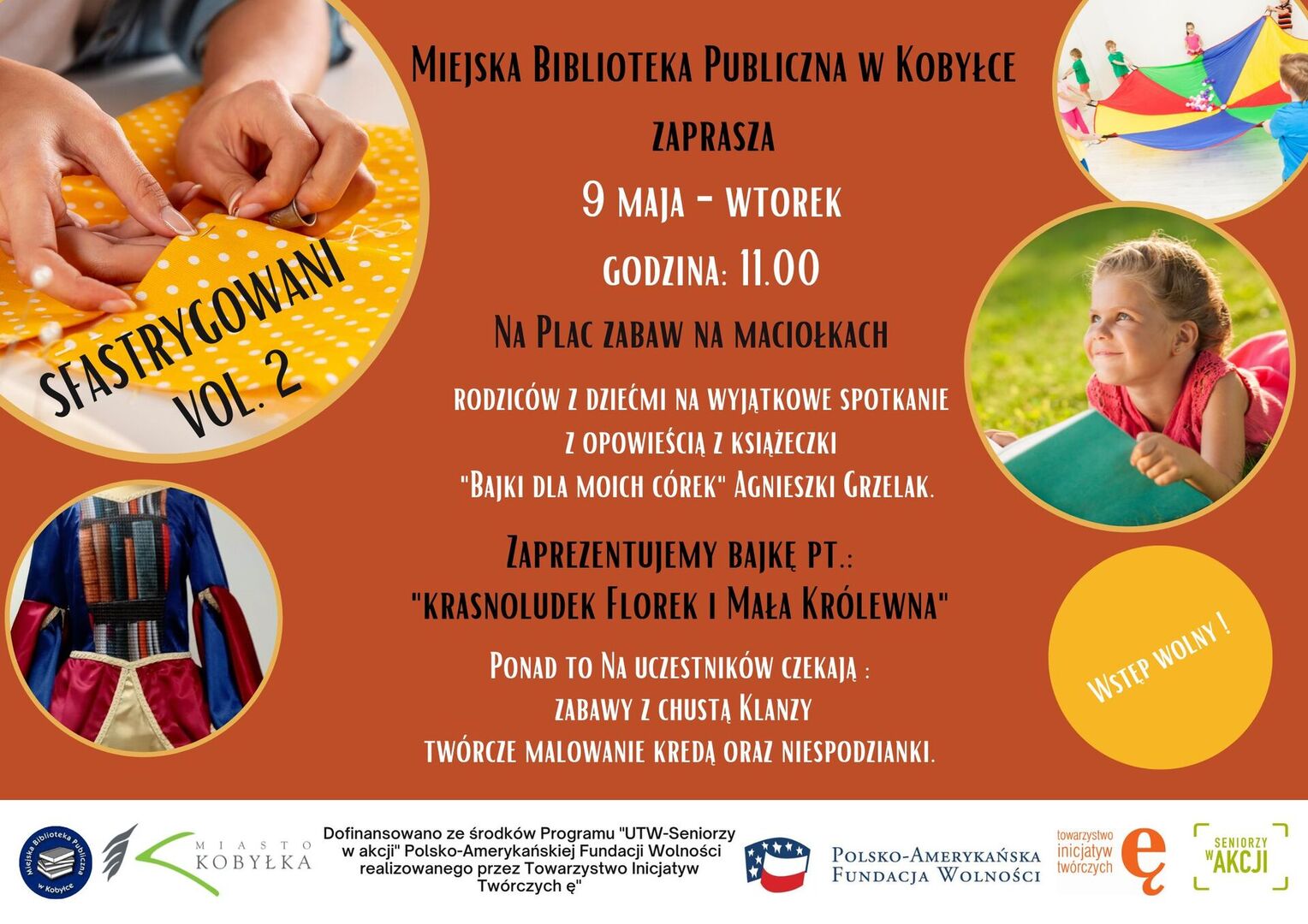 Plakat zapraszający na animacje podwórkowe na placu zabaw na Maciołkach. Spotkanie zaczynamy o 11:00