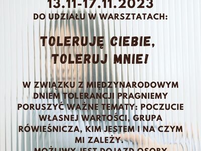 Plakat informacyjny o warsztatach Toleruję Ciebie, Toleruj Mnie!