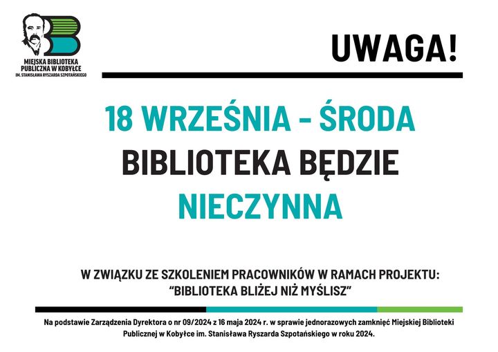 Ogłoszenie o zamknięciu biblioteki w dniu 18 września.