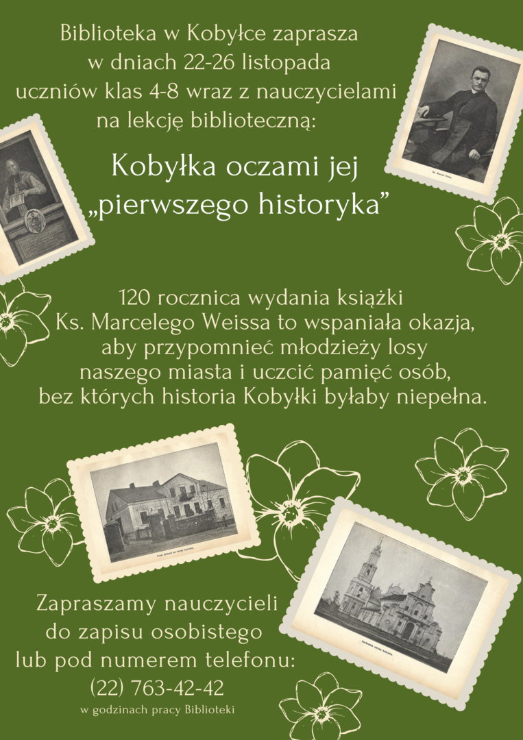 plakat informujący o zapisach na lekcje biblioteczne o Kobyłce