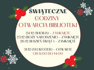 Informacja o godzinach otwarcia biblioteki w Święta