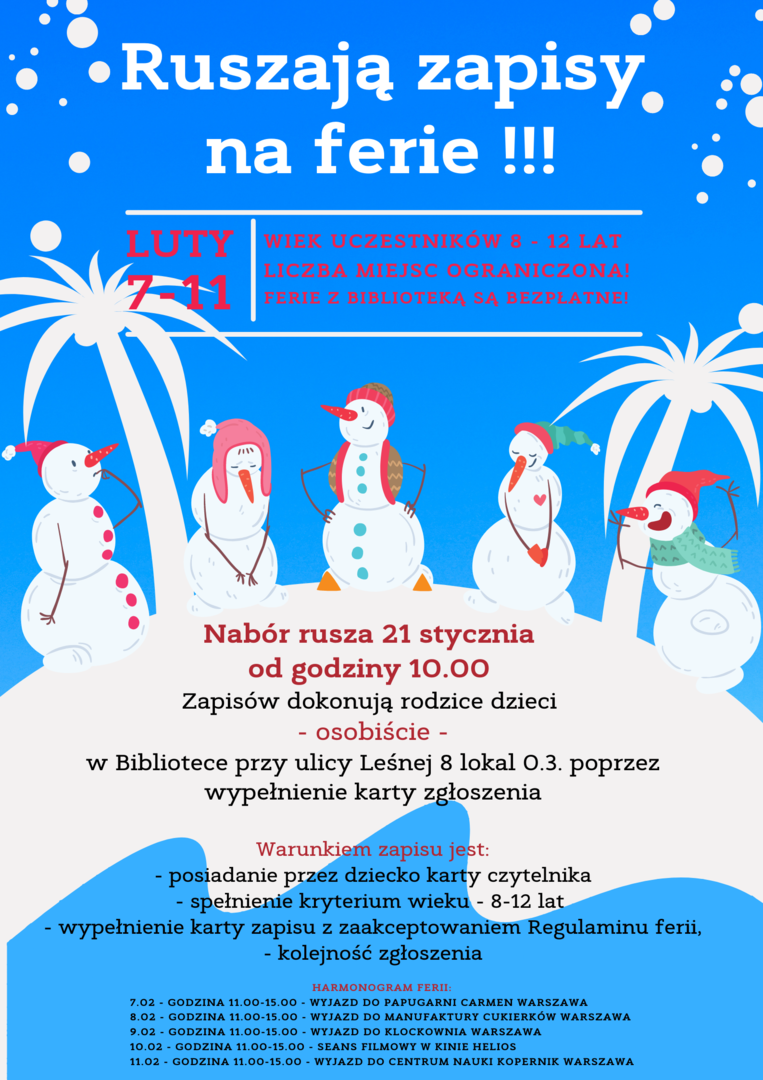 plakat informujący o zapisach na ferie od 21 stycznia 2022 roku
