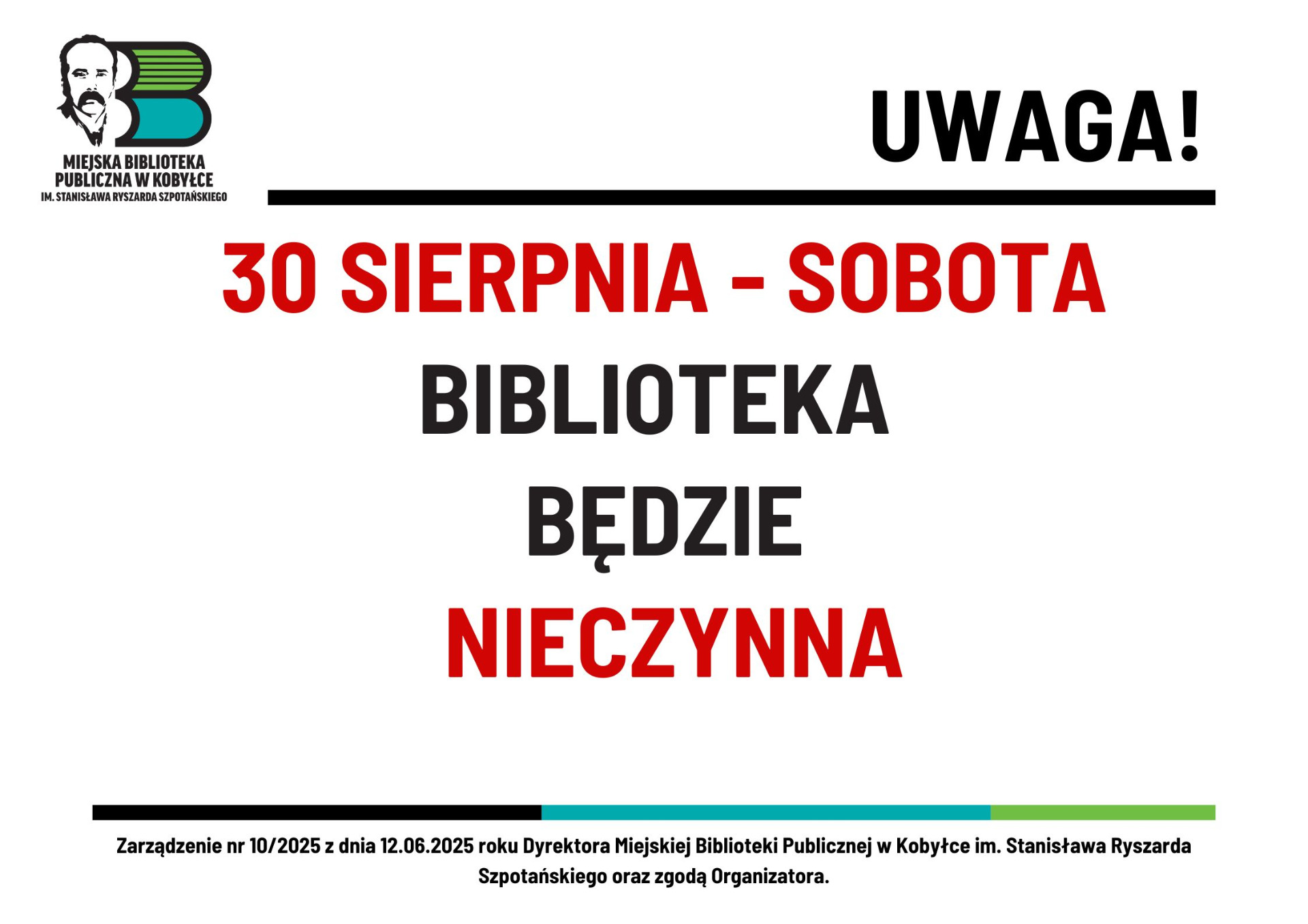 informacja o 30 sierpnia - Biblioteka - zamknięta dla Czytelników