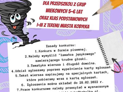 Plakat informujący o konkursie logopedycznym na stworzenie łamańca językowego.