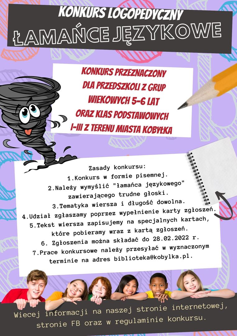 Plakat informujący o konkursie logopedycznym na stworzenie łamańca językowego.