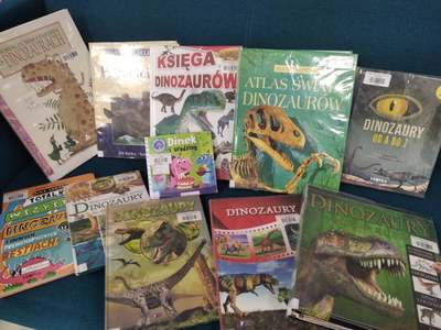 Zdjęcie przedstawia książki o dinozaurach.