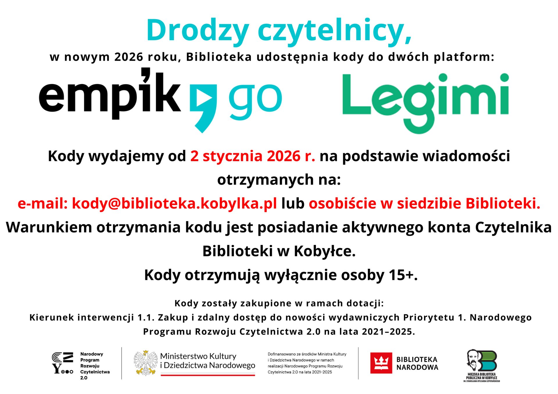 Informacja o kodach do platform Legimi oraz Empik Go